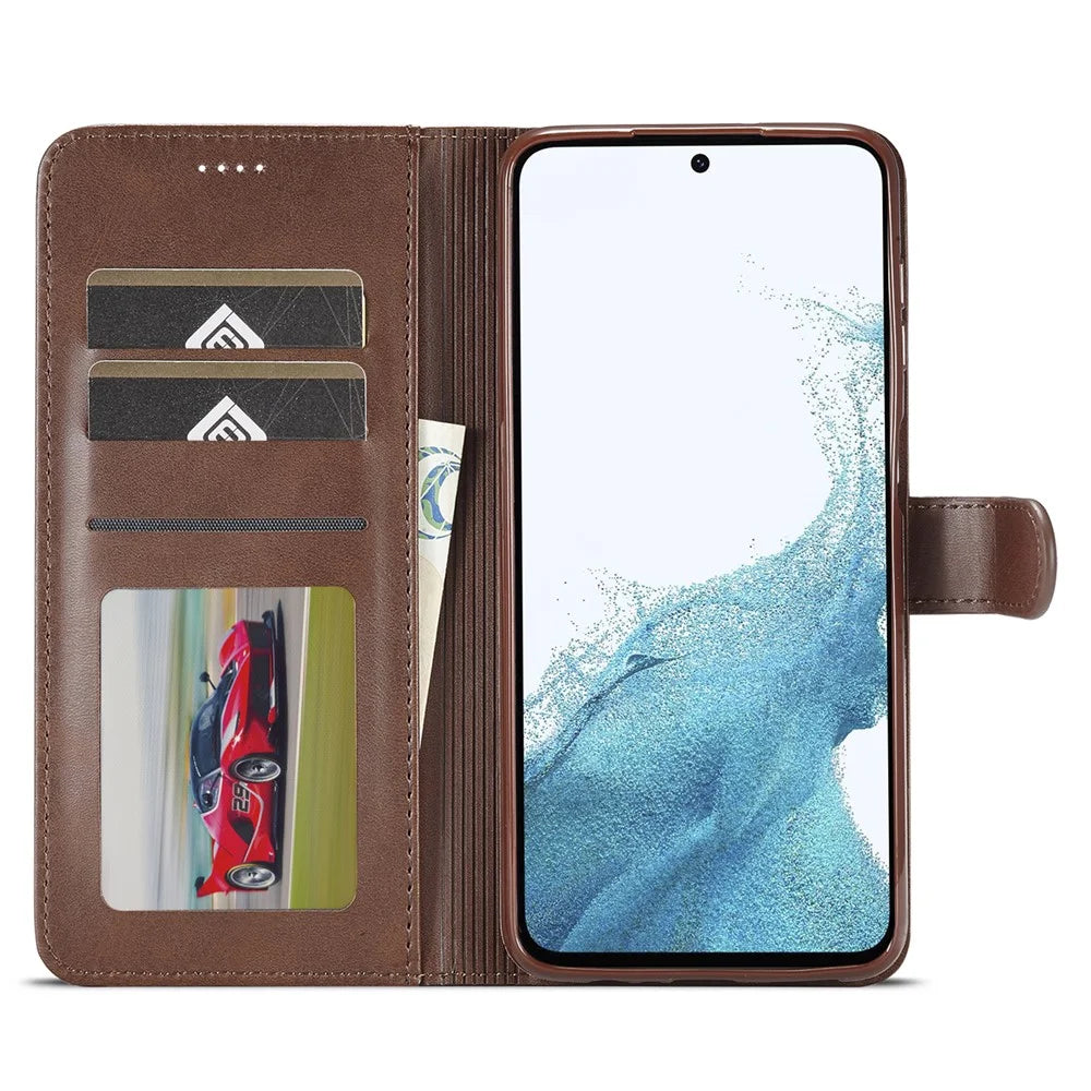 LC.IMEEKE For Samsung Galaxy A54 5G Drop-proof Calf Texture Phone Case Foldable Stand Magnetic Clasp PU Leather Cell Phone Flip Wallet Cover - Brown - 2