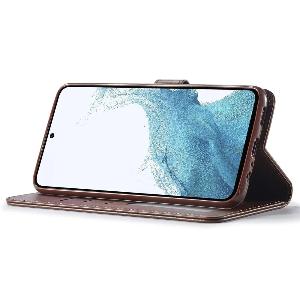 LC.IMEEKE For Samsung Galaxy A54 5G Drop-proof Calf Texture Phone Case Foldable Stand Magnetic Clasp PU Leather Cell Phone Flip Wallet Cover - Brown - 3