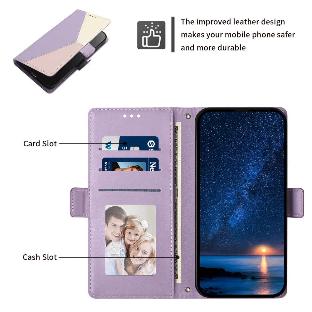 For Samsung Galaxy S24 FE Case Color Stitching RFID Blocking Wallet Flip Leather Phone Cover with Wrist Strap - Light Purple - 6
