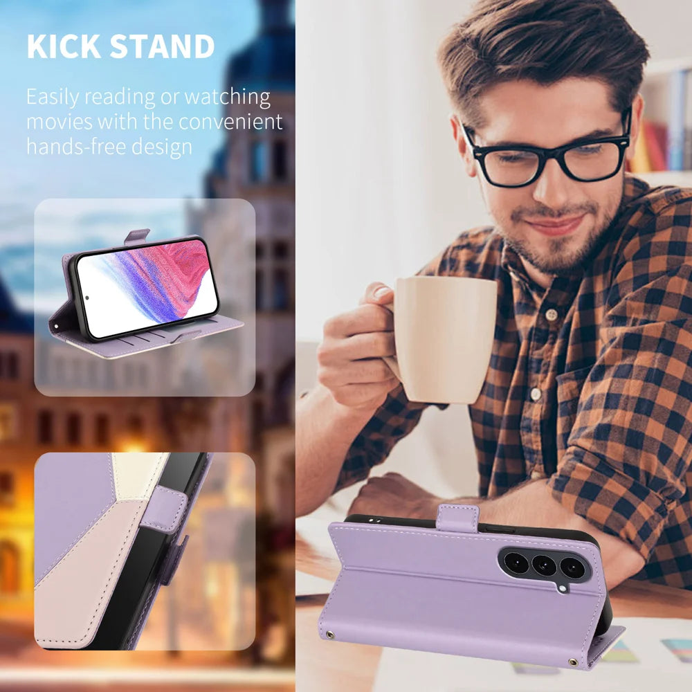 For Samsung Galaxy S24+ / Galaxy S25+ Case Color Stitching RFID Blocking Wallet Flip Leather Phone Cover with Wrist Strap - Light Purple - 2