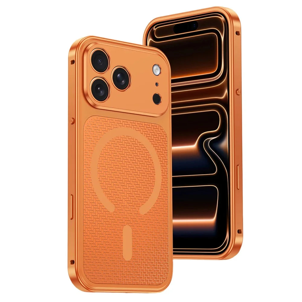 For iPhone 17 Pro Max Magnetic Case Heat Dissipation Snap-On Metal + PC Phone Cover - Titanium Orange - 1