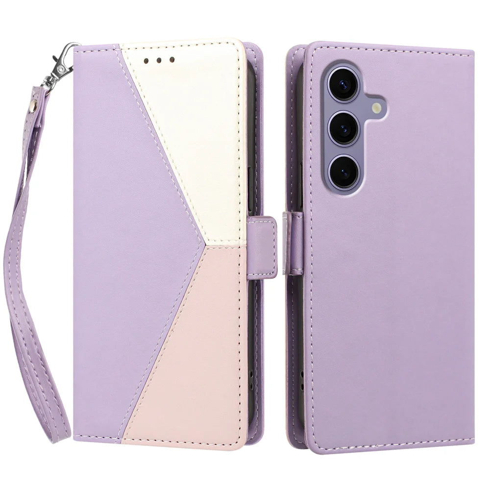 For Samsung Galaxy S24 / Galaxy S25 Case Color Stitching RFID Blocking Wallet Flip Leather Phone Cover with Wrist Strap - Light Purple - 1