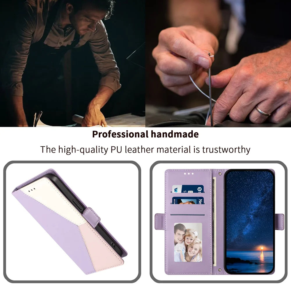For Samsung Galaxy S25 FE Case Color Stitching RFID Blocking Wallet Flip Leather Phone Cover with Wrist Strap - Light Purple - 4
