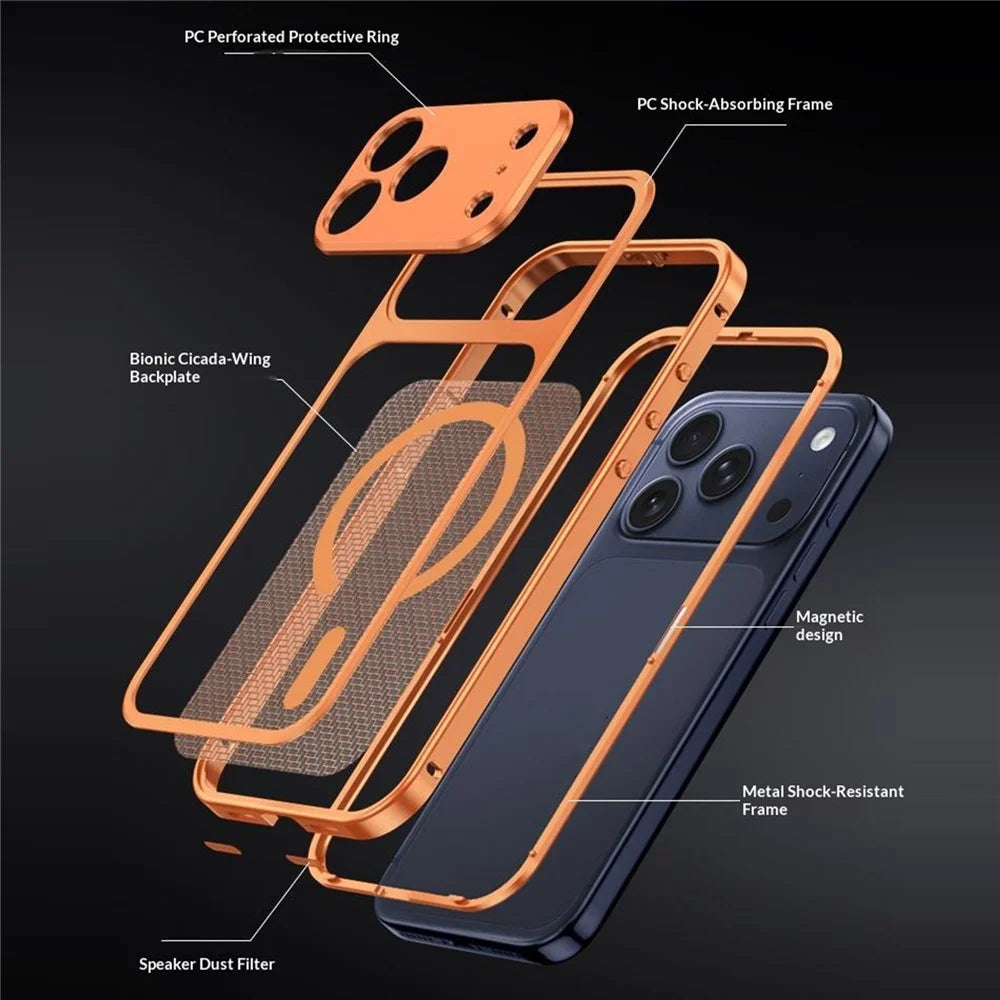For iPhone 18 Pro / 17 Pro Magnetic Case Heat Dissipation Snap-On Metal + PC Phone Cover - Titanium Orange - 2