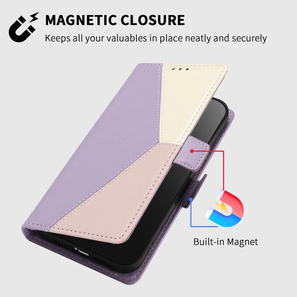 For iPhone 16e / iPhone 17e Case Color Stitching RFID Blocking Wallet Flip Leather Phone Cover with Wrist Strap - Light Purple - 7