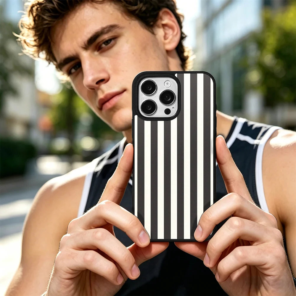 EYCASE for iPhone 16 Pro Striped Series Magnetic Case TPU + Acrylic Phone Cover - Black / White Stripes - 7