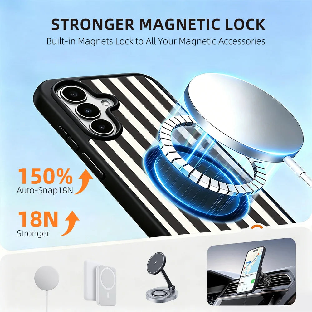 EYCASE for Samsung Galaxy A55 5G / Galaxy A35 5G Striped Series Magnetic Case TPU + Acrylic Phone Cover - Black / White Stripes - 5