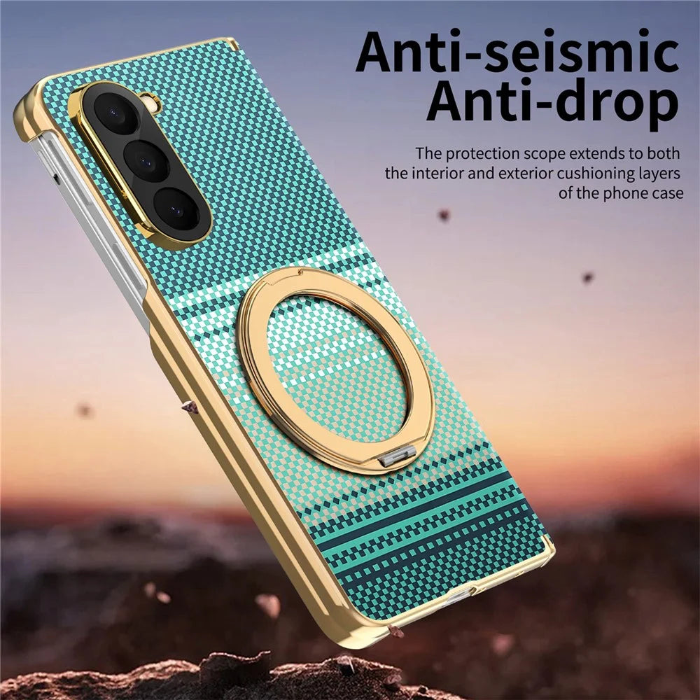 For Samsung Galaxy Z Fold6 5G Magnetic Case Ring Kicktand Hinge Design Electroplated Leather + PC Cover - Green - 6