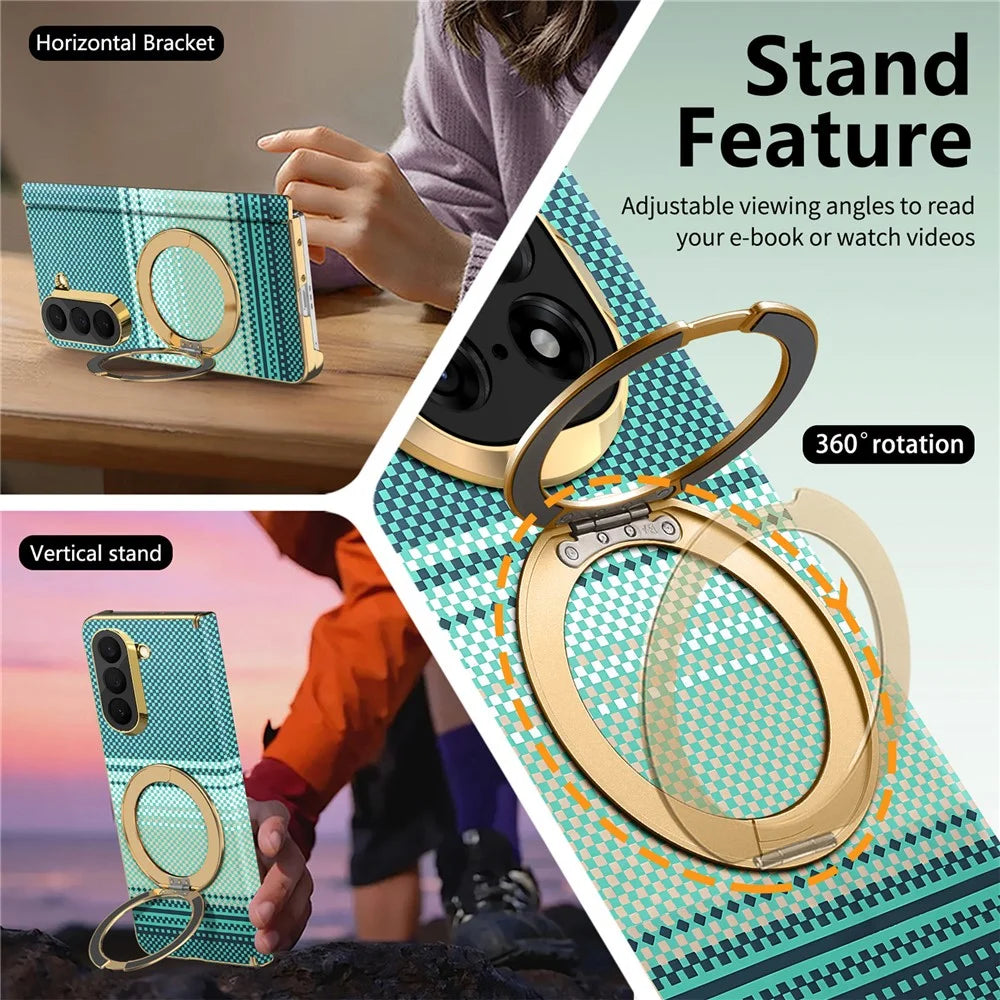 For Samsung Galaxy Z Fold6 5G Magnetic Case Ring Kicktand Hinge Design Electroplated Leather + PC Cover - Green - 7