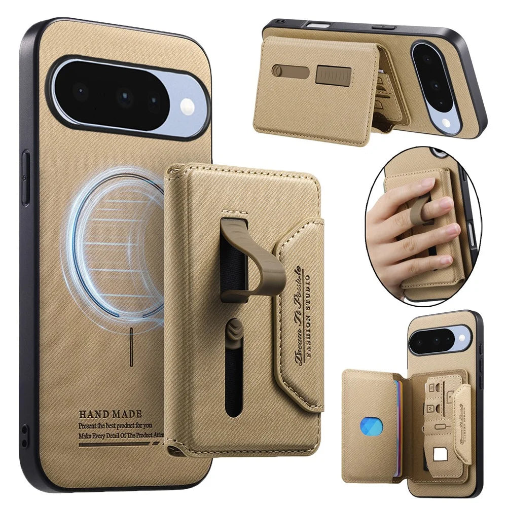 For Google Pixel 10 Pro  /  Pixel 10 Magnetic Case PU Leather + PC + TPU Anti-Scratch Back Cover with Detachable Card Holder - Khaki - 1