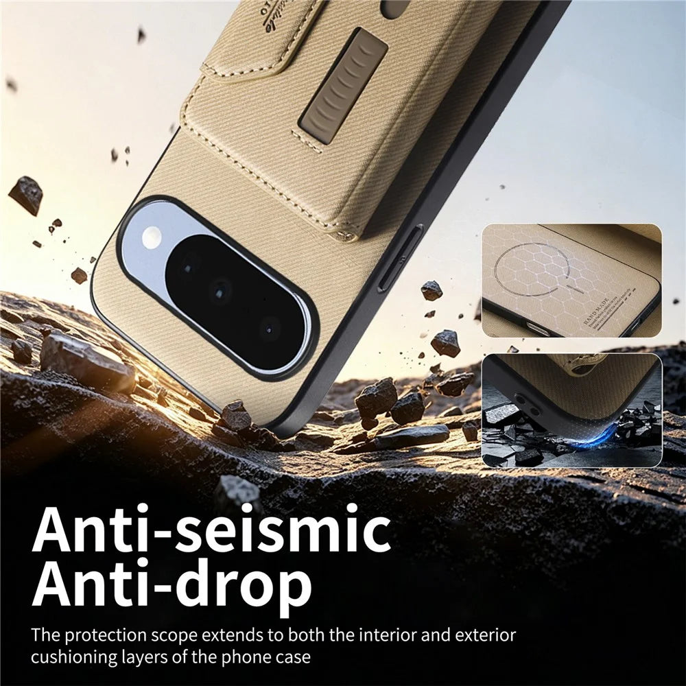 For Google Pixel 10 Pro  /  Pixel 10 Magnetic Case PU Leather + PC + TPU Anti-Scratch Back Cover with Detachable Card Holder - Khaki - 3