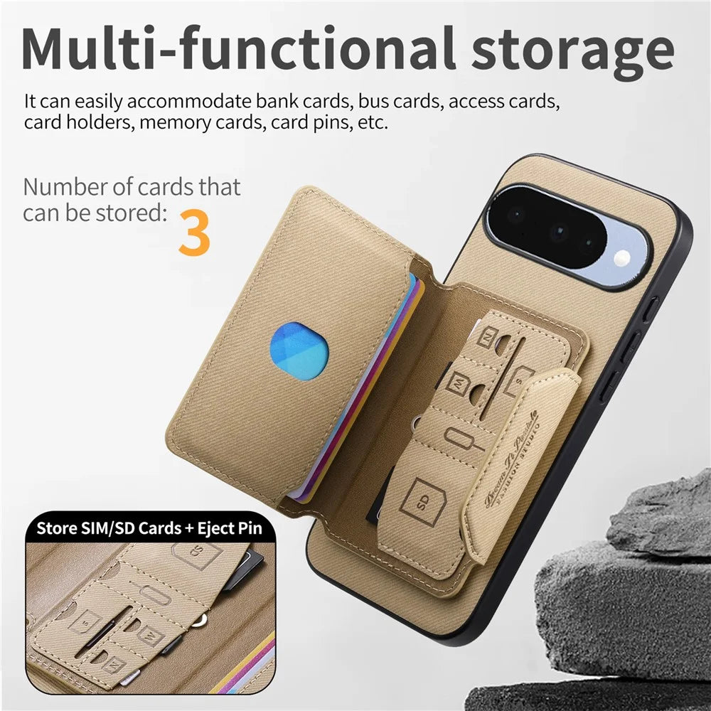 For Google Pixel 10 Pro  /  Pixel 10 Magnetic Case PU Leather + PC + TPU Anti-Scratch Back Cover with Detachable Card Holder - Khaki - 4