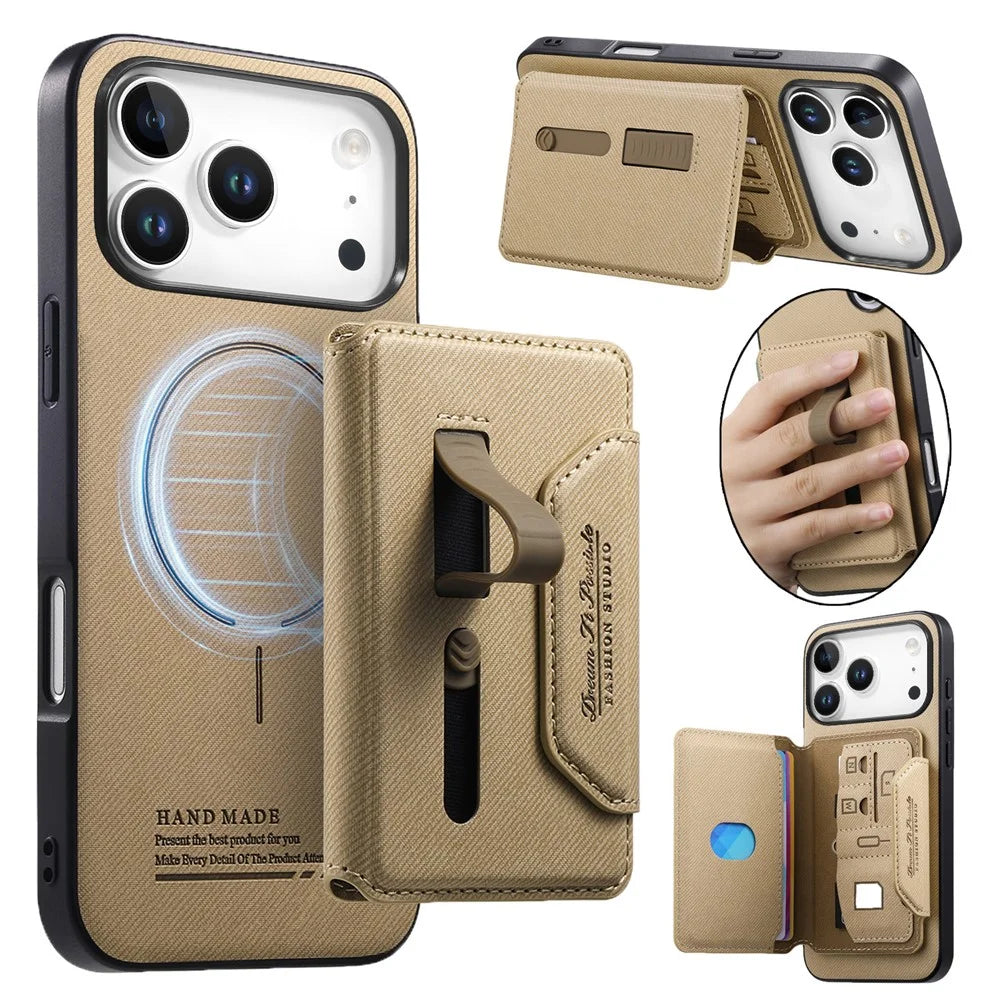 For iPhone 18 Pro Max  /  17 Pro Max Magnetic Case PU Leather + PC + TPU Anti-Scratch Back Cover with Detachable Card Holder - Khaki - 1