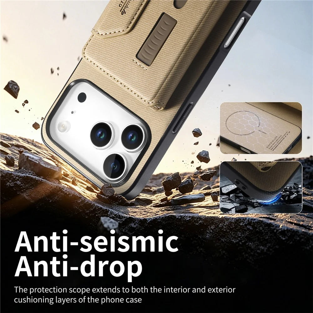 For iPhone 18 Pro Max  /  17 Pro Max Magnetic Case PU Leather + PC + TPU Anti-Scratch Back Cover with Detachable Card Holder - Khaki - 3