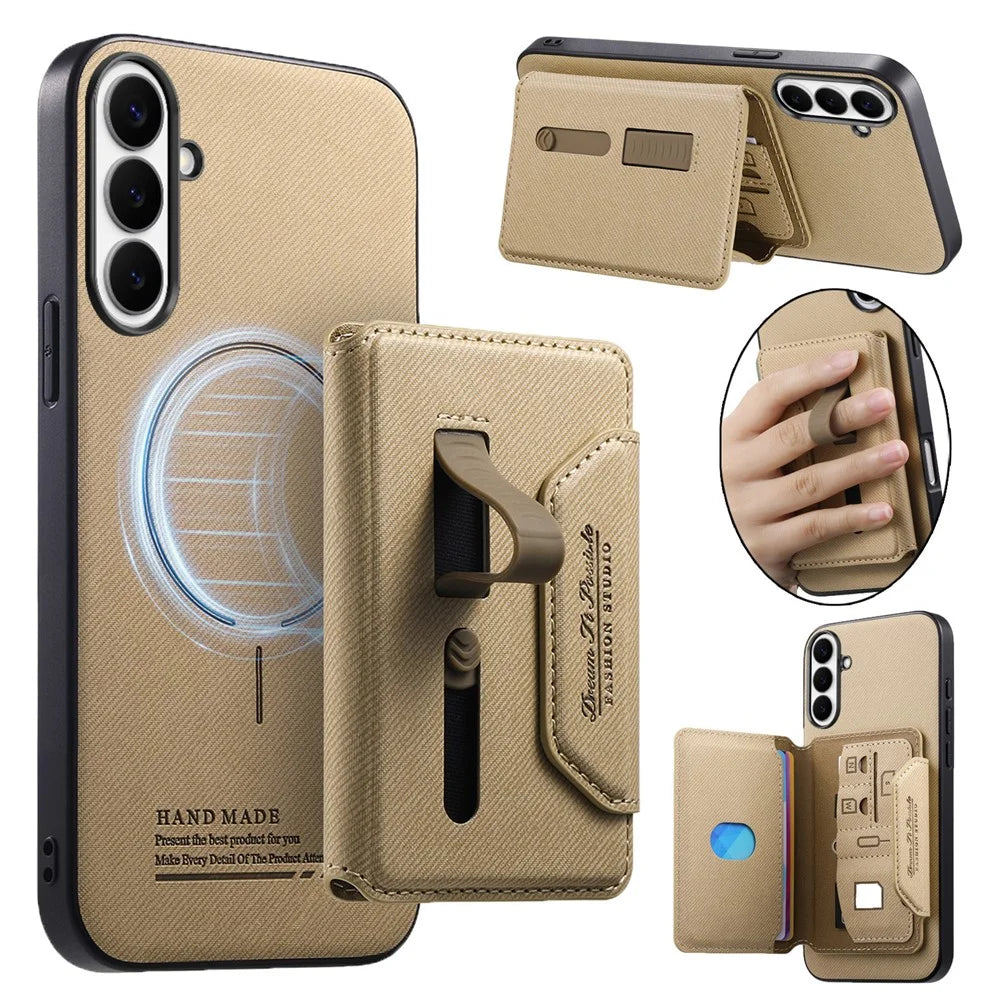 For Samsung Galaxy S26+ Magnetic Case PU Leather + PC + TPU Anti-Scratch Back Cover with Detachable Card Holder - Khaki - 1