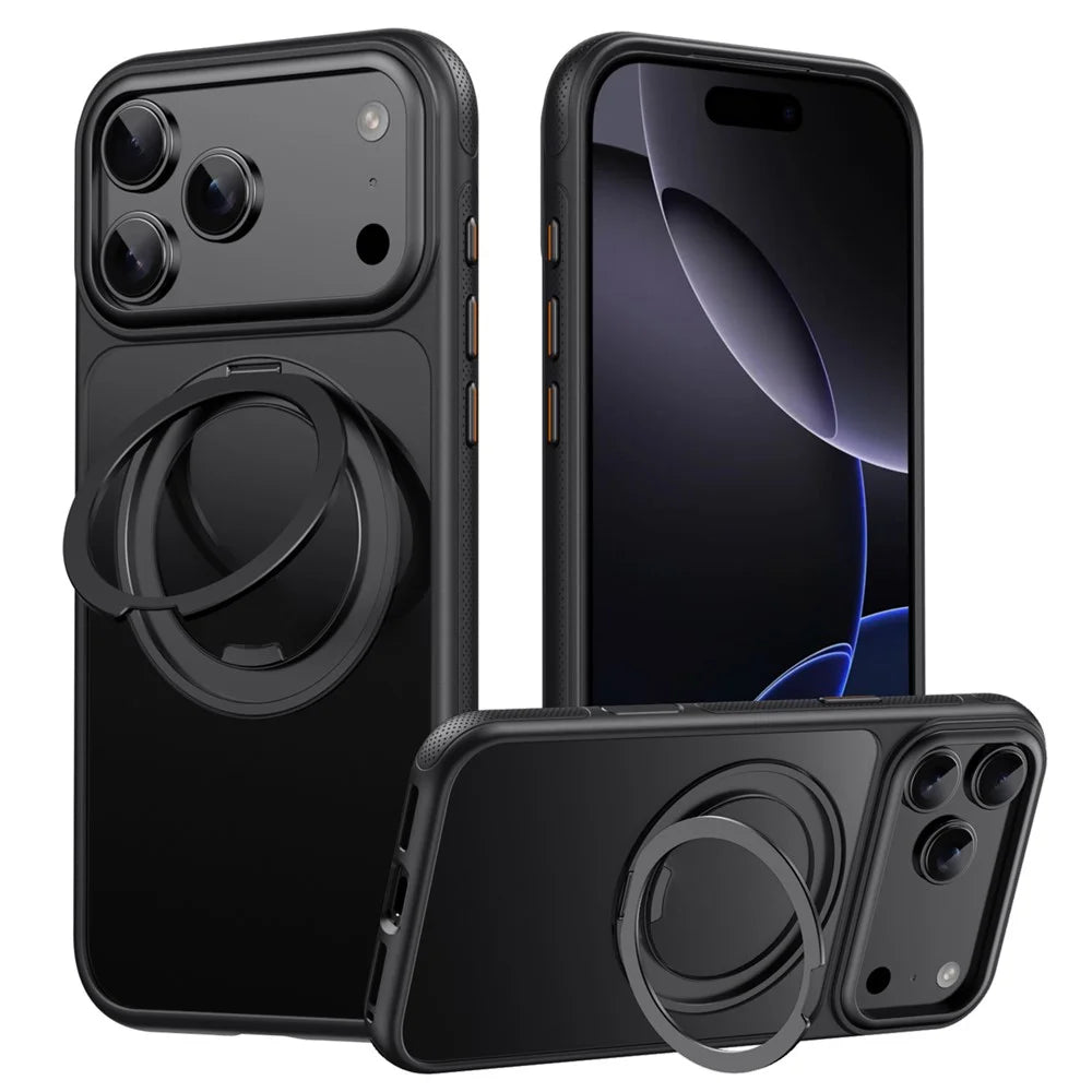 For iPhone 18 Pro Max / 17 Pro Max Case Rotating Magnetic Kickstand Dot-Matrix Texture TPU + Acrylic Phone Cover - Black - 1
