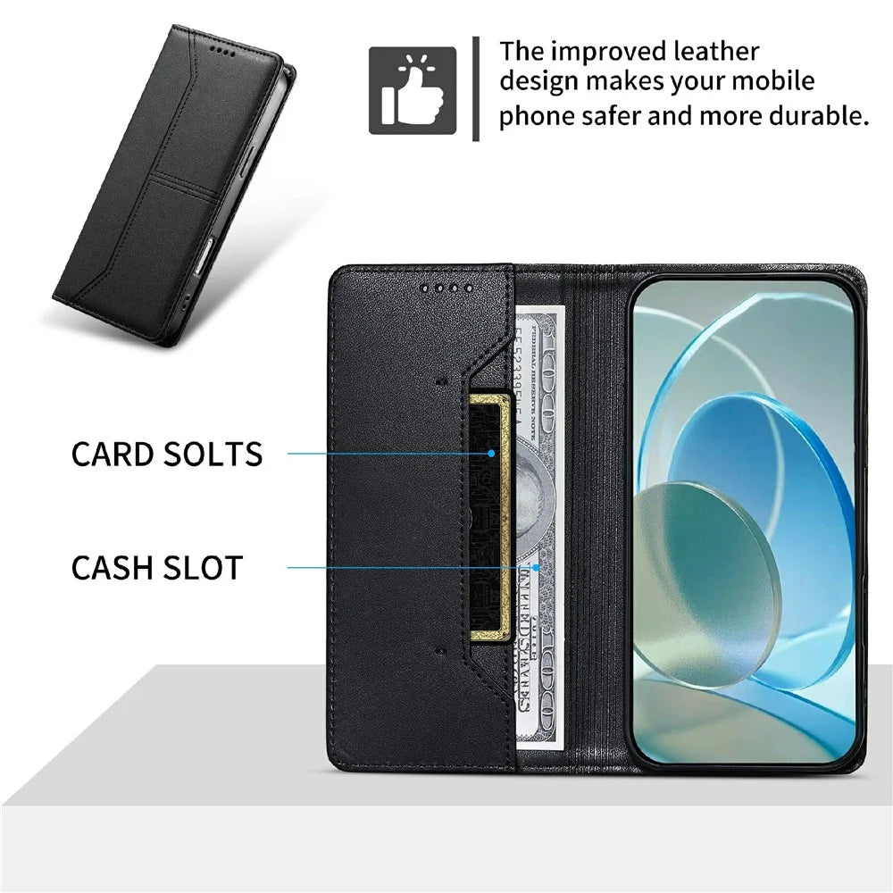 For Realme 16T 5G Wallet Stand Case Line Splicing TPU PU Leather Phone Cover - Black - 7