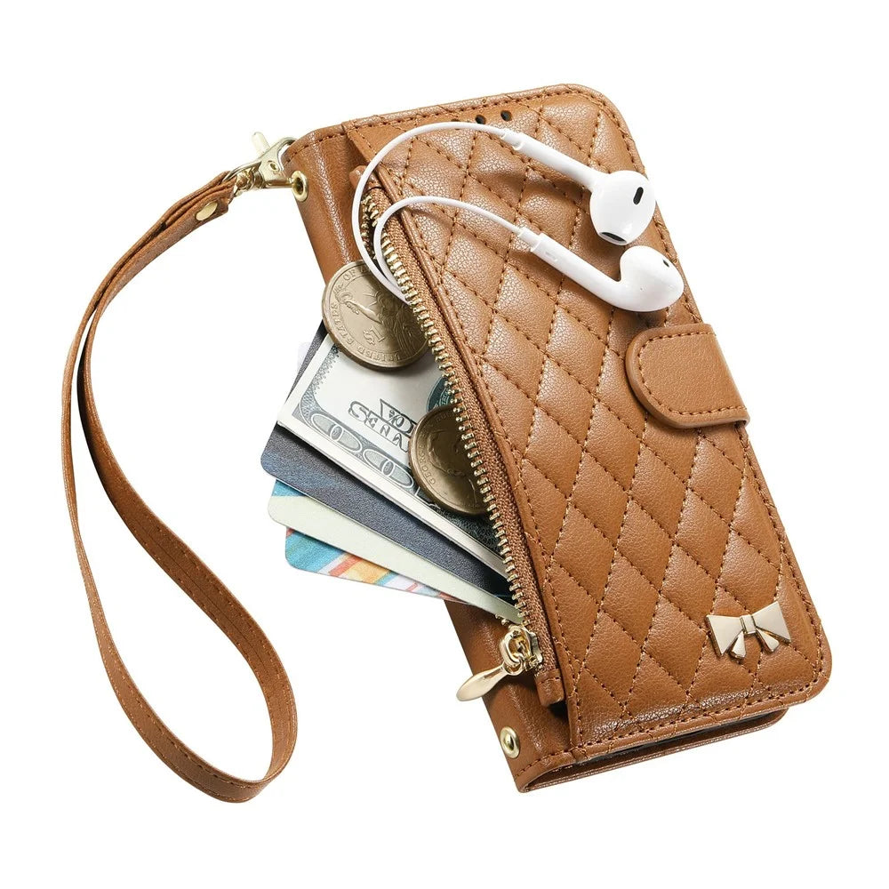For Samsung Galaxy S26 FE Stand Case Imprint TPU PU Leather Zipper Pocket Wallet Phone Cover with Strap - Brown - 5