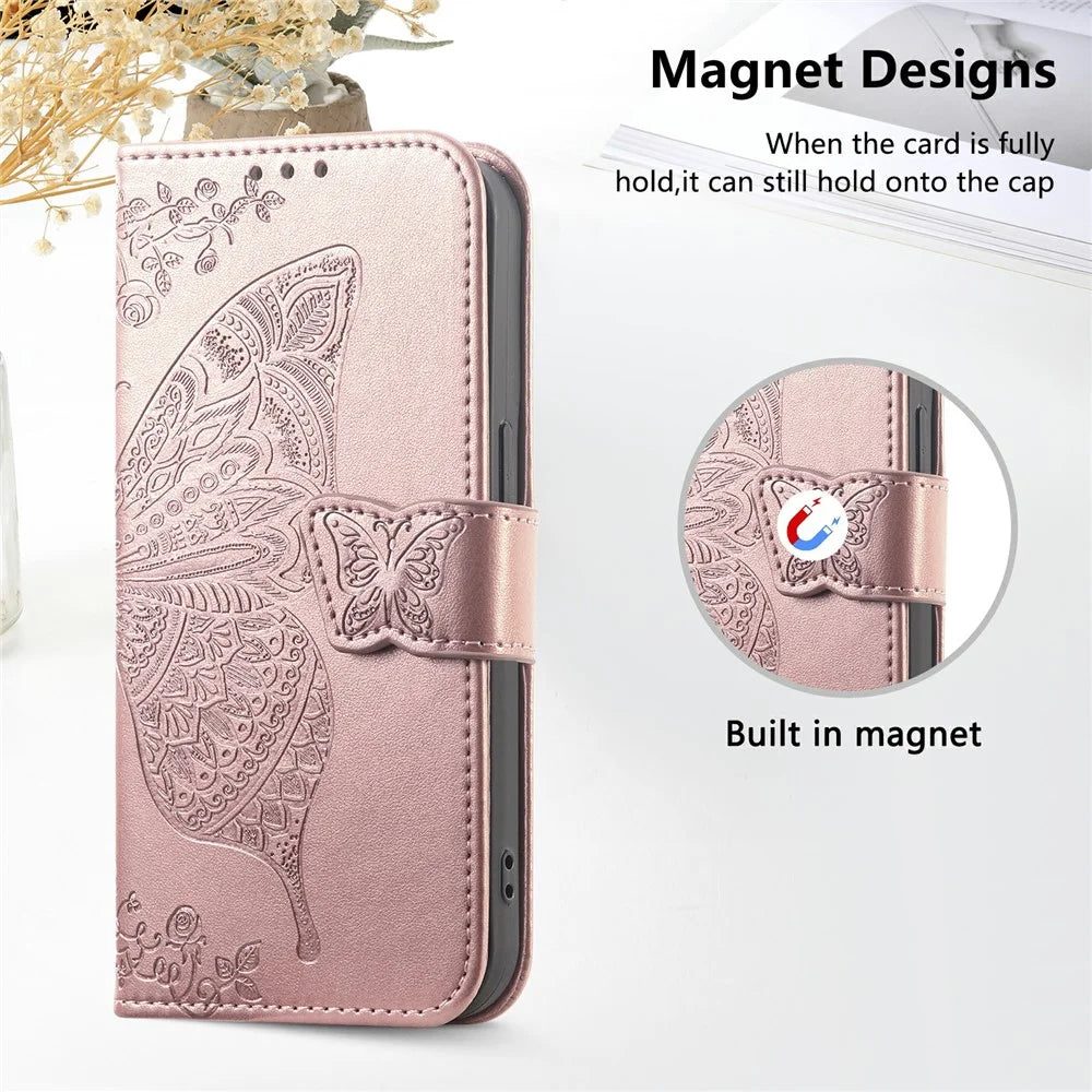 For Realme C83 5G Case with Strap Butterfly Pattern PU Leather Wallet Phone Cover - Rose Gold - 4