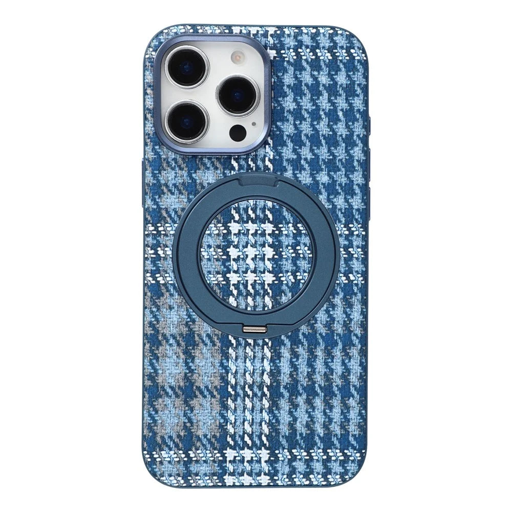 For iPhone 16 Pro Max Case with Rotating Magnetic Kickstand Houndstooth Fabric + PC + TPU Phone Cover - Blue - 2