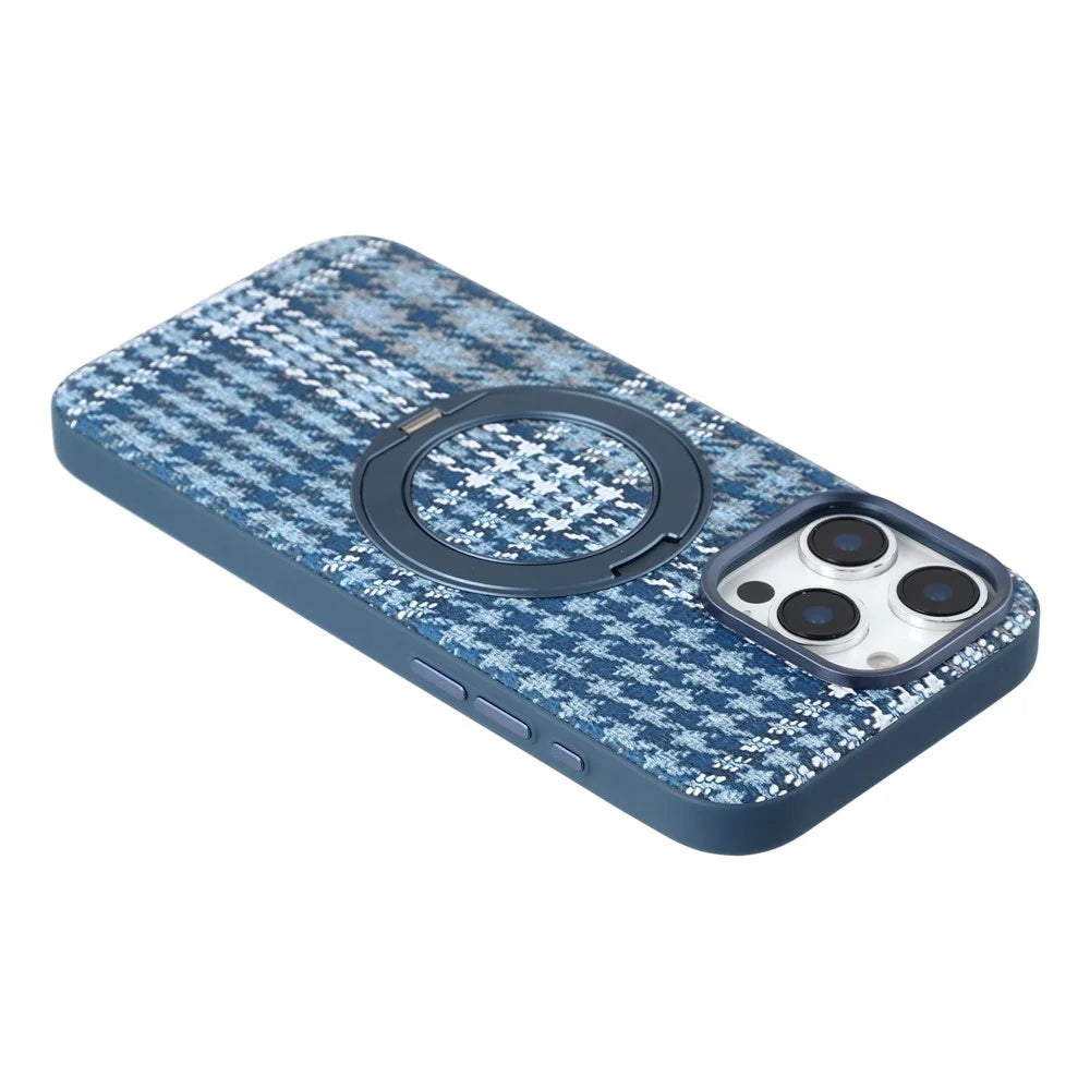 For iPhone 16 Pro Max Case with Rotating Magnetic Kickstand Houndstooth Fabric + PC + TPU Phone Cover - Blue - 5