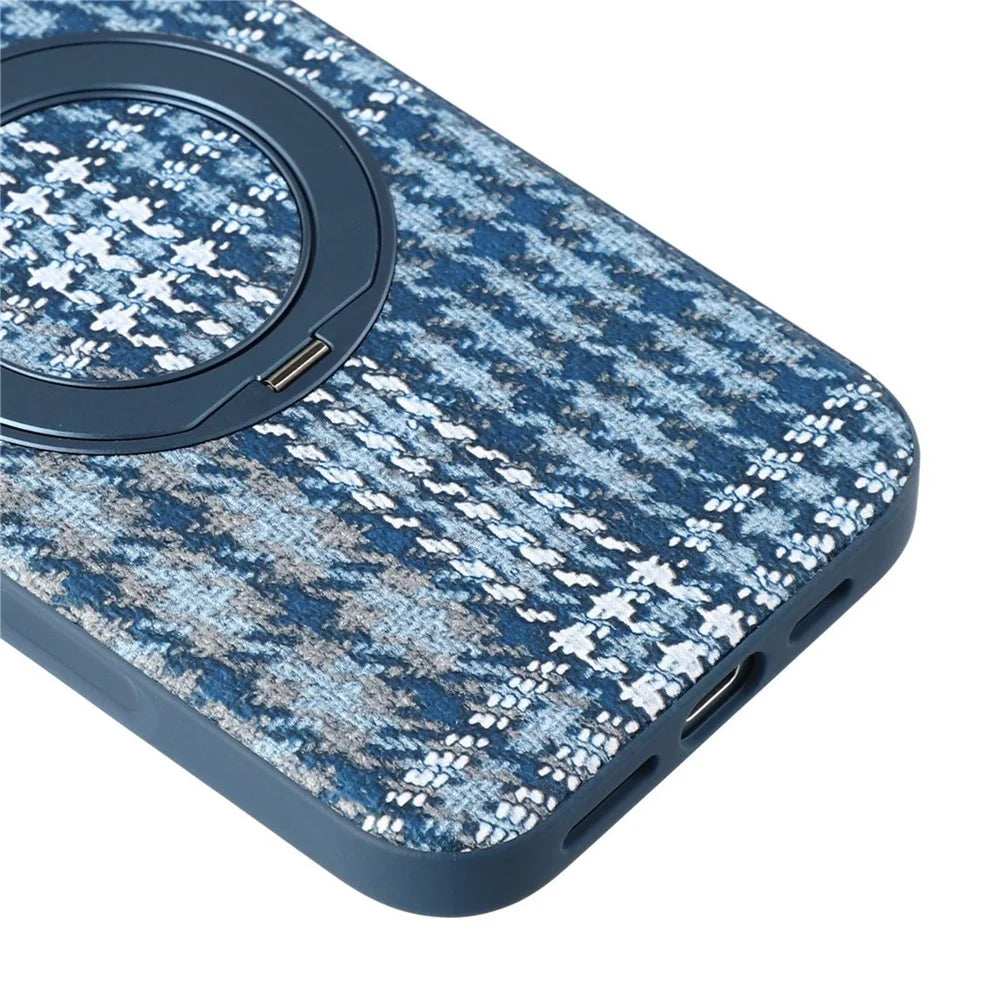 For iPhone 16 Pro Max Case with Rotating Magnetic Kickstand Houndstooth Fabric + PC + TPU Phone Cover - Blue - 6