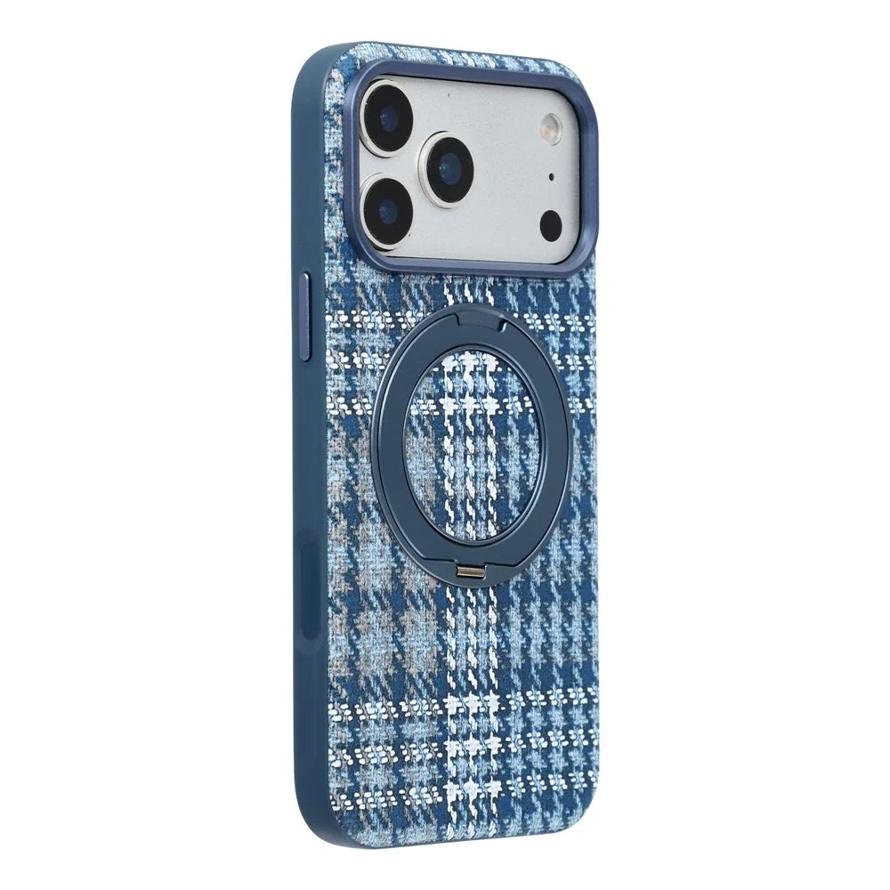 For iPhone 18 Pro Max / 17 Pro Max Case with Rotating Magnetic Kickstand Houndstooth Fabric + PC + TPU Phone Cover - Blue - 1