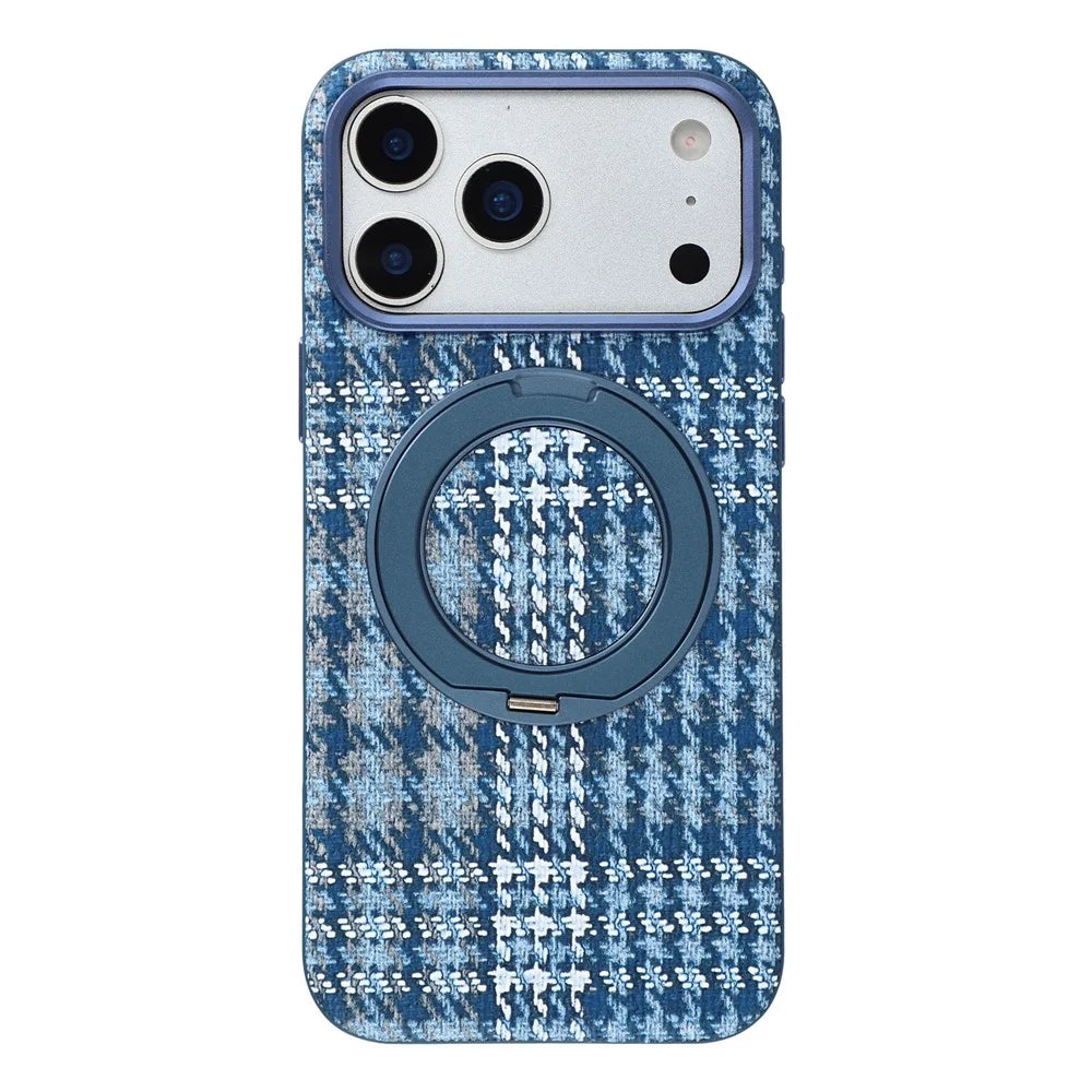 For iPhone 18 Pro Max / 17 Pro Max Case with Rotating Magnetic Kickstand Houndstooth Fabric + PC + TPU Phone Cover - Blue - 2