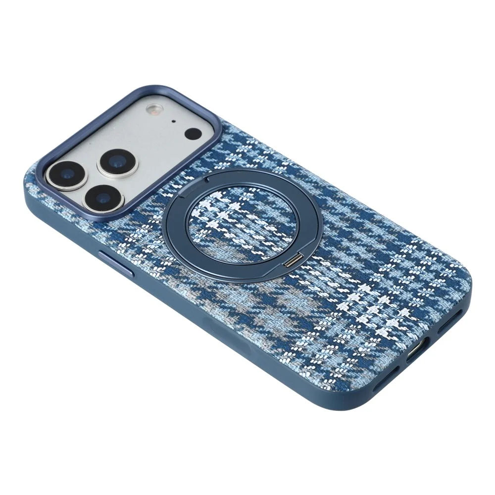 For iPhone 18 Pro / 17 Pro Case with Rotating Magnetic Kickstand Houndstooth Fabric + PC + TPU Phone Cover - Blue - 4