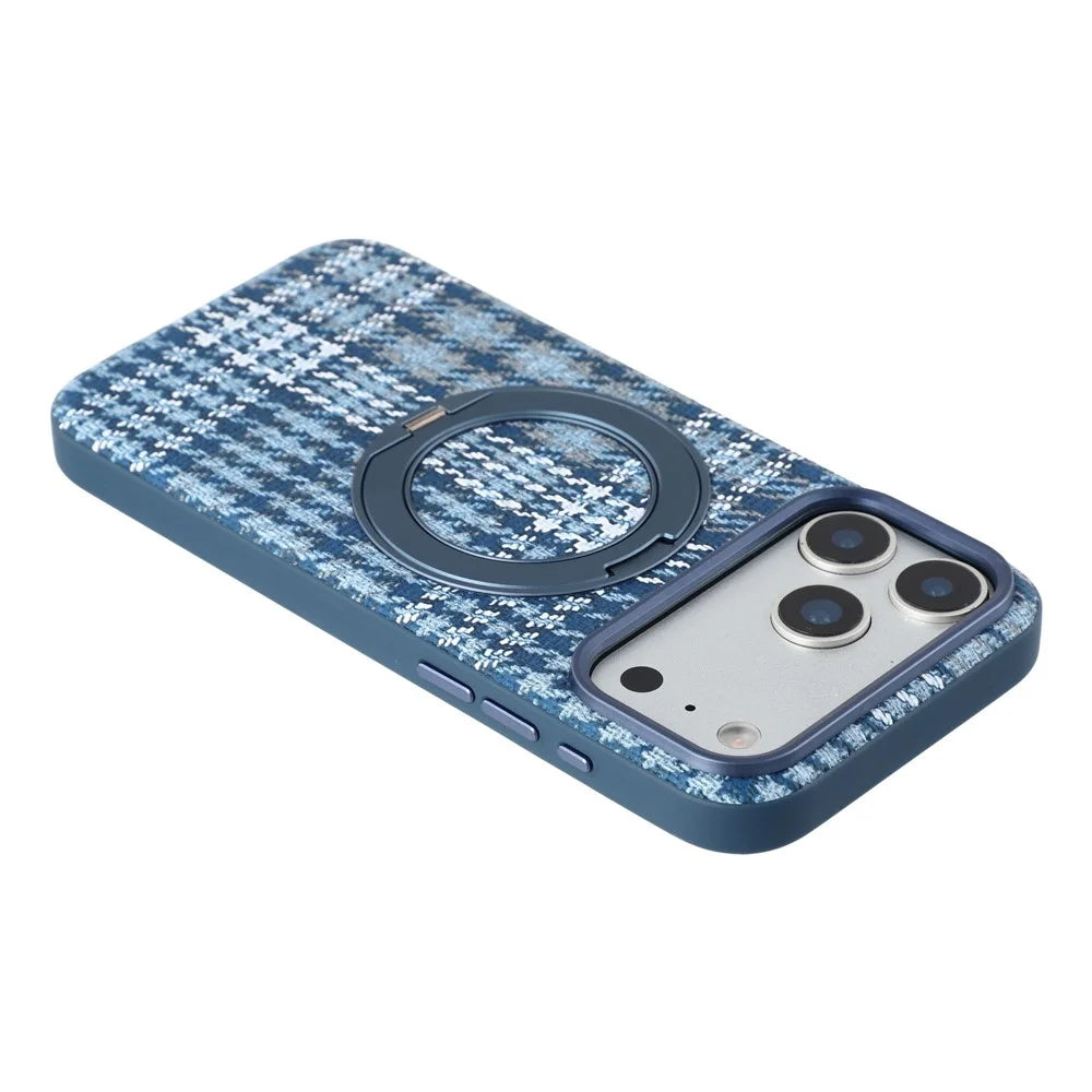 For iPhone 18 Pro / 17 Pro Case with Rotating Magnetic Kickstand Houndstooth Fabric + PC + TPU Phone Cover - Blue - 5