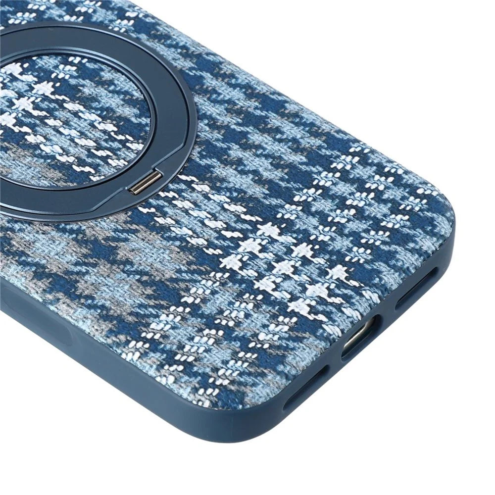 For iPhone 18 Pro / 17 Pro Case with Rotating Magnetic Kickstand Houndstooth Fabric + PC + TPU Phone Cover - Blue - 6