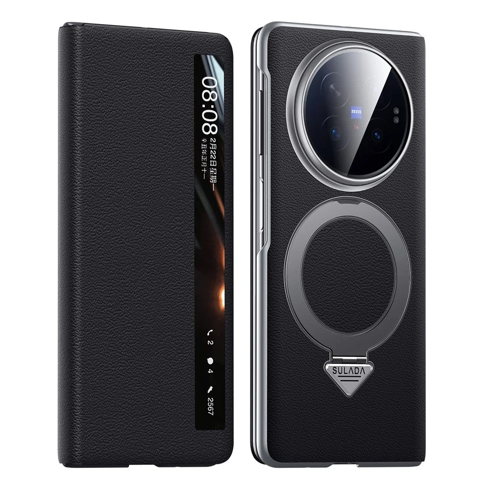 SULADA for vivo X Fold6 5G Magnetic Case Kickstand Genuine Cow Leather Phone Cover - Black - 2