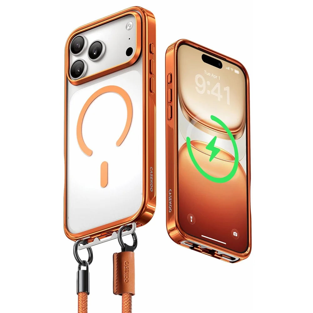 CASEKOO for iPhone 18 Pro / 17 Pro Case Compatible with MagSafe Hidden Foldable Buckle PC + TPU Phone Cover with Wrist Strap - Orange - 1