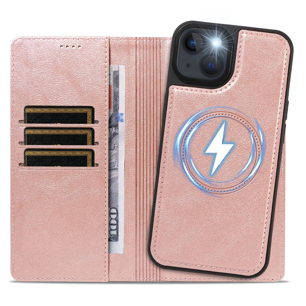 For iPhone 14 / iPhone 13 Magnetic Case Detachable 2 in 1 Leather Wallet Phone Cover - Rose Gold - 2