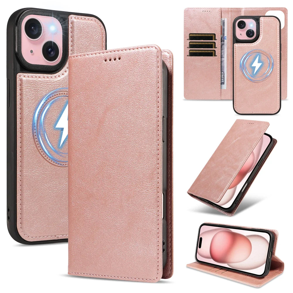 For iPhone 15 Magnetic Case Detachable 2 in 1 Leather Wallet Phone Cover - Rose Gold - 1