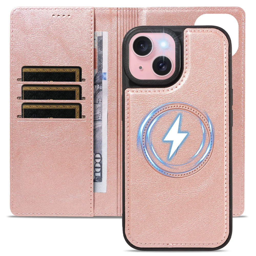 For iPhone 15 Magnetic Case Detachable 2 in 1 Leather Wallet Phone Cover - Rose Gold - 4