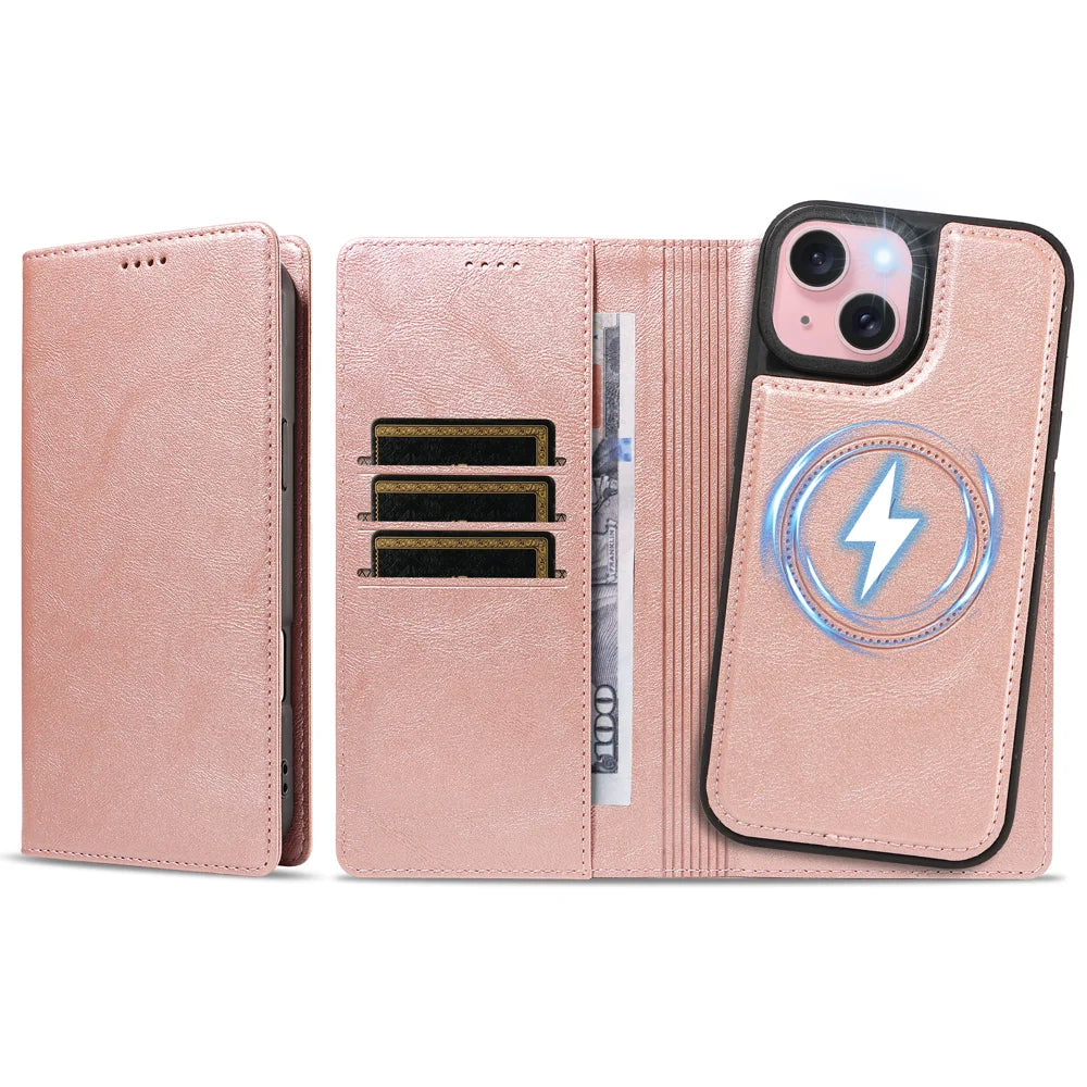 For iPhone 15 Magnetic Case Detachable 2 in 1 Leather Wallet Phone Cover - Rose Gold - 6