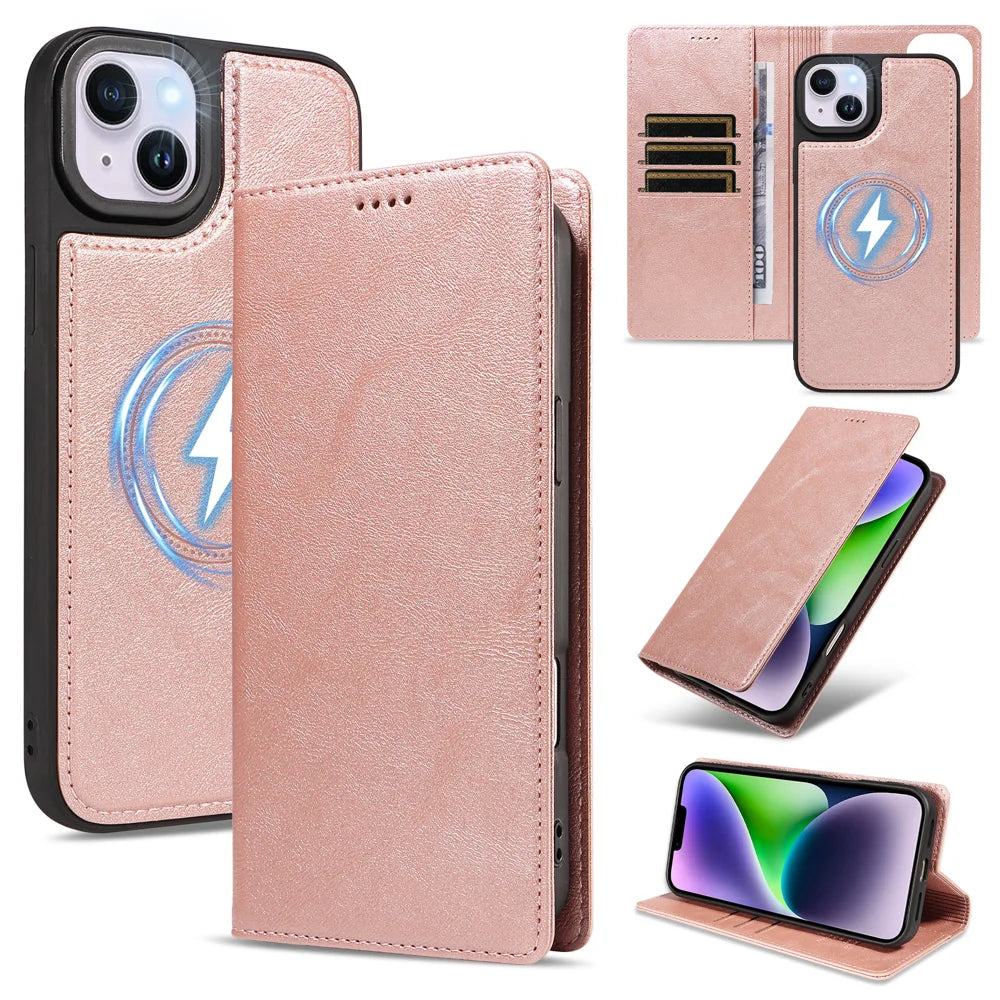 For iPhone 14 Plus Magnetic Case Detachable 2 in 1 Leather Wallet Phone Cover - Rose Gold - 1