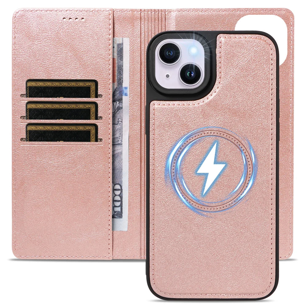 For iPhone 14 Plus Magnetic Case Detachable 2 in 1 Leather Wallet Phone Cover - Rose Gold - 4