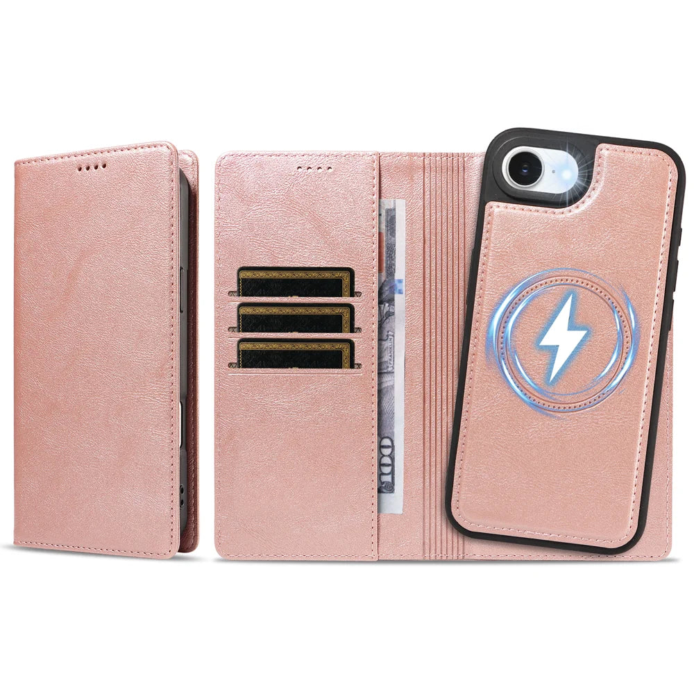 For iPhone 17e / iPhone 16e Magnetic Case Detachable 2 in 1 Leather Wallet Phone Cover - Rose Gold - 6