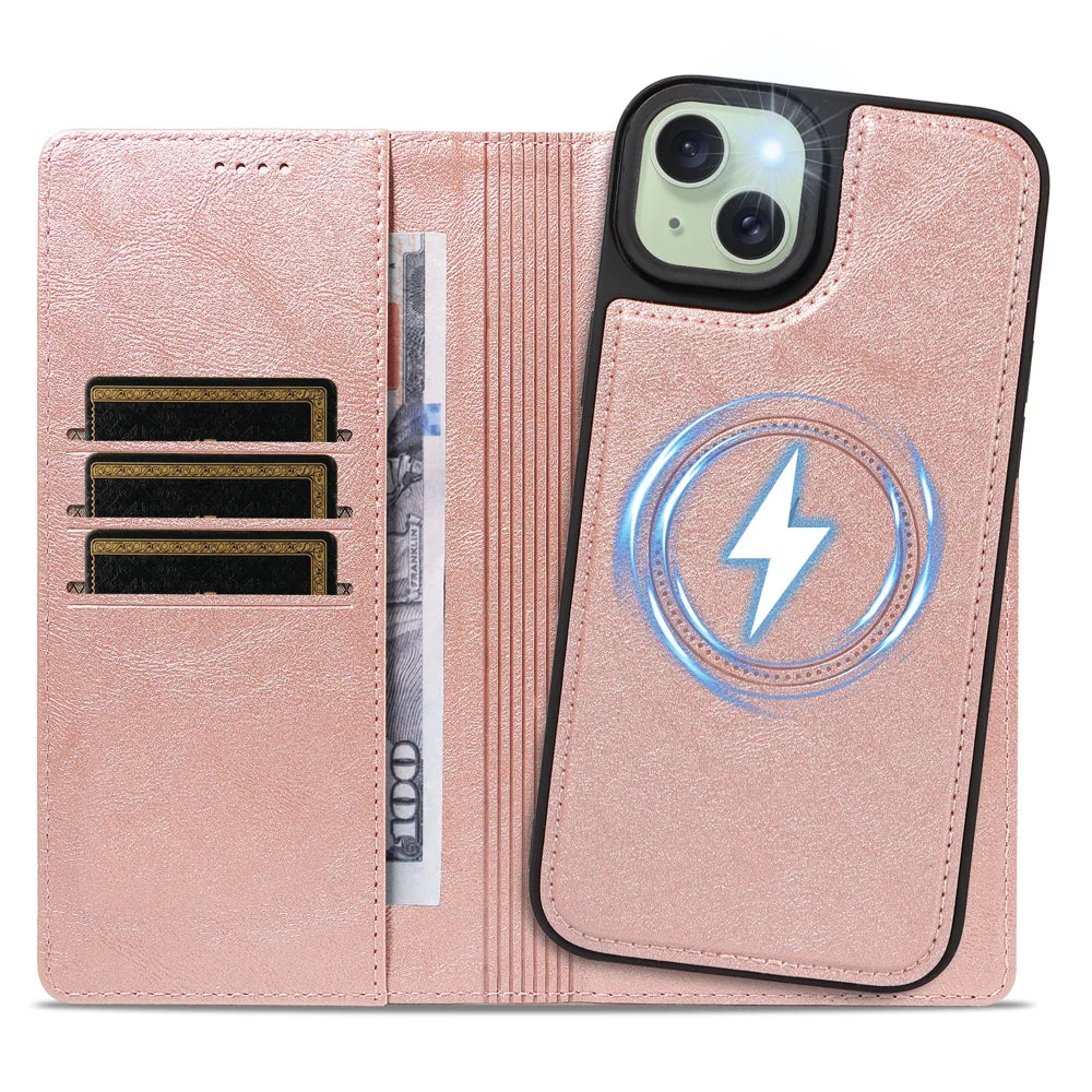 For iPhone 15 Plus Magnetic Case Detachable 2 in 1 Leather Wallet Phone Cover - Rose Gold - 2