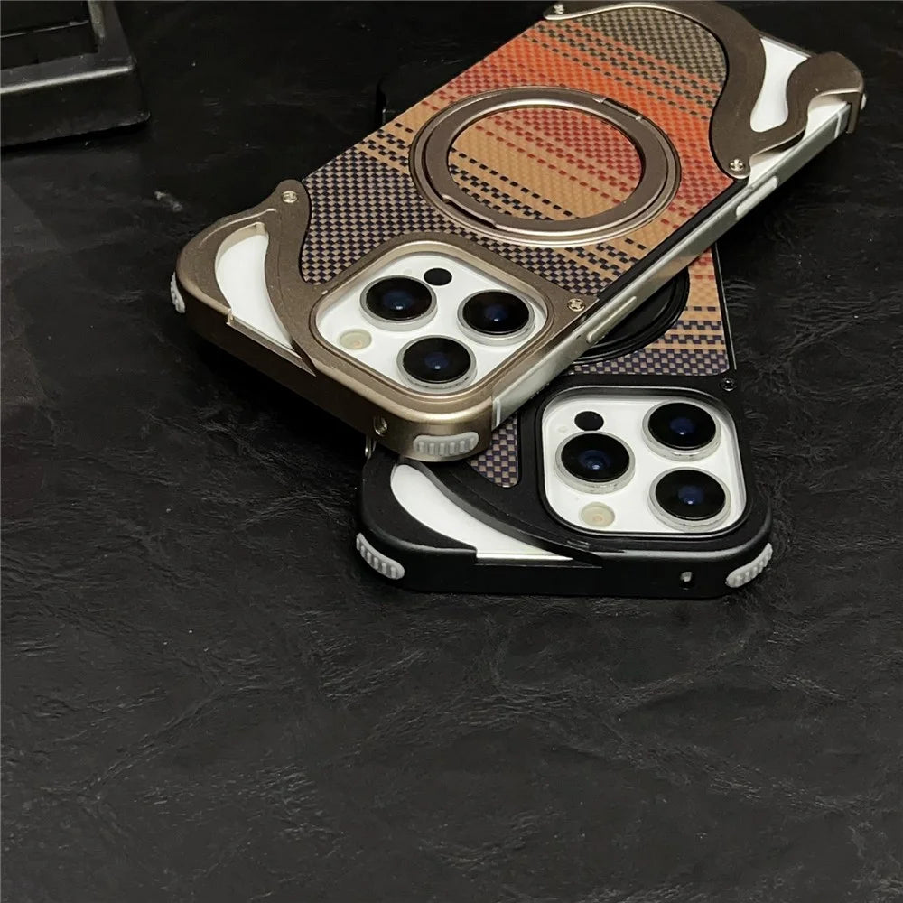 For iPhone 16 Pro Max Case Rotating Magnetic Kickstand Carbon Fiber Texture PC + Metal Shockproof Phone Cover - Desert Gold - 5