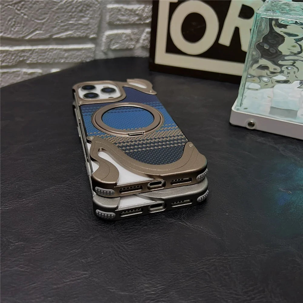 For iPhone 16 Pro Case Magnetic Kickstand Carbon Fiber Texture PC + Metal Protective Cover - Desert Gold - 7
