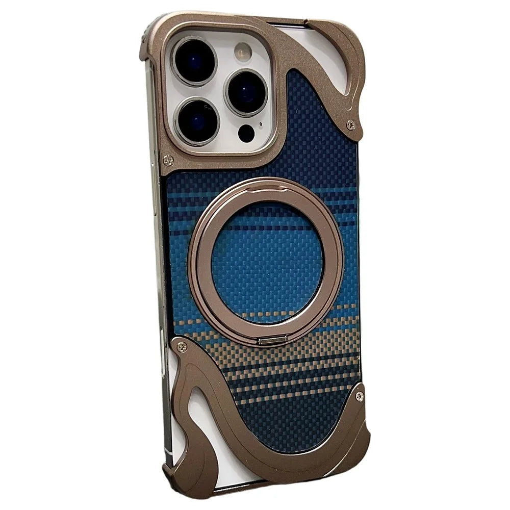 For iPhone 16 Pro Max Case Magnetic Kickstand Carbon Fiber Texture PC + Metal Protective Cover - Desert Gold - 1