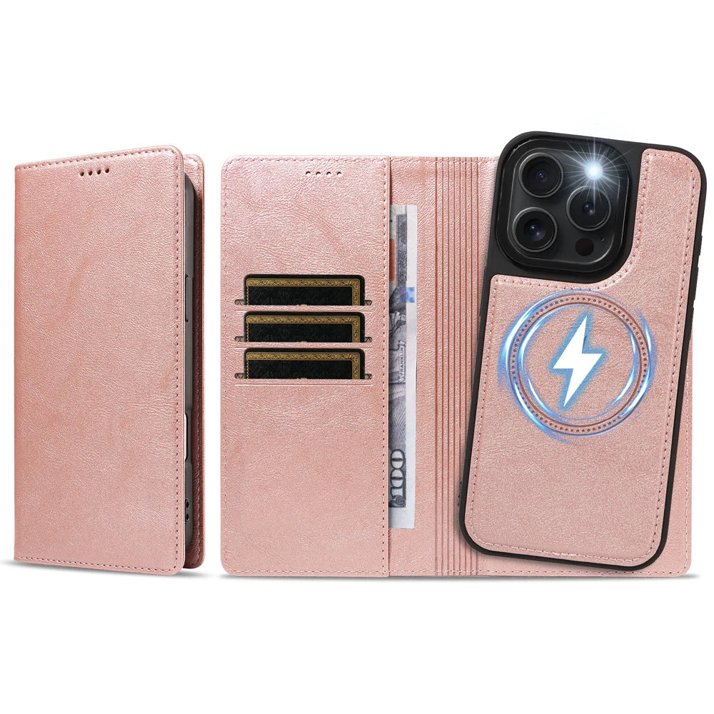 For iPhone 15 Pro Magnetic Case Detachable 2 in 1 Leather Wallet Phone Cover - Rose Gold - 6