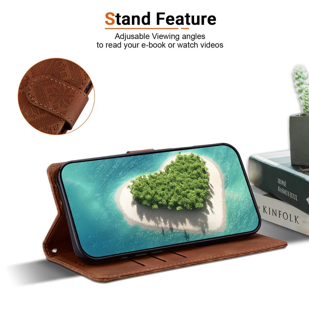 For Samsung Galaxy A26 5G  /  A17 5G  /  A17 4G  /  A18 5G  /  A18 4G Wallet Case Imprinted Ethnic Pattern Leather Phone Cover with Wrist Strap - Brown - 2