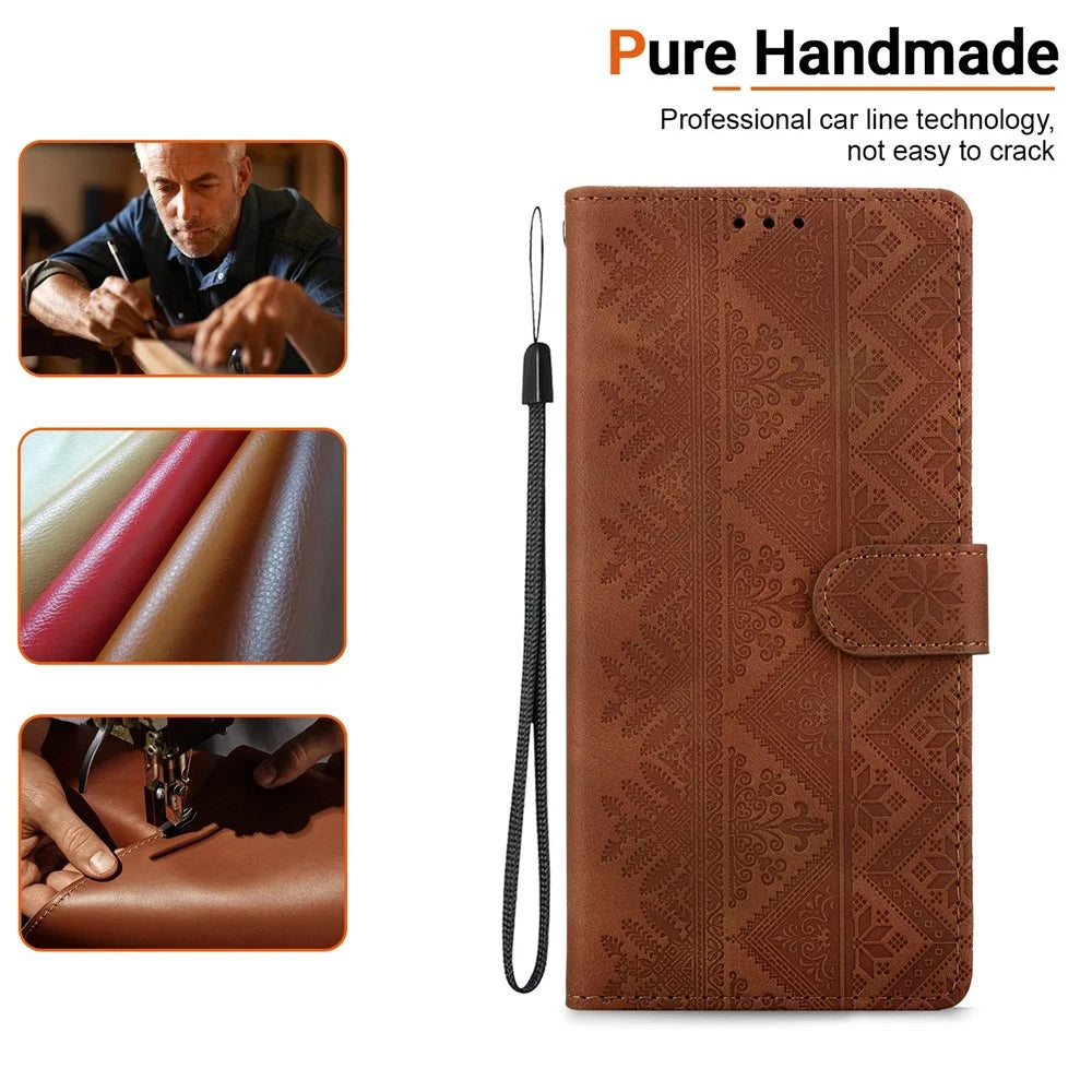 For Samsung Galaxy A26 5G  /  A17 5G  /  A17 4G  /  A18 5G  /  A18 4G Wallet Case Imprinted Ethnic Pattern Leather Phone Cover with Wrist Strap - Brown - 4