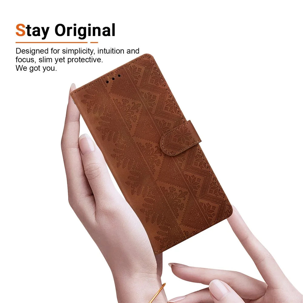 For Samsung Galaxy A26 5G  /  A17 5G  /  A17 4G  /  A18 5G  /  A18 4G Wallet Case Imprinted Ethnic Pattern Leather Phone Cover with Wrist Strap - Brown - 5