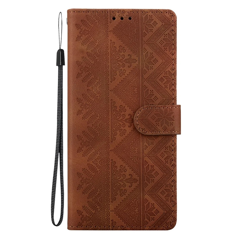For Samsung Galaxy A36 5G  /  A37 5G Wallet Case Imprinted Ethnic Pattern Leather Phone Cover with Wrist Strap - Brown - 7