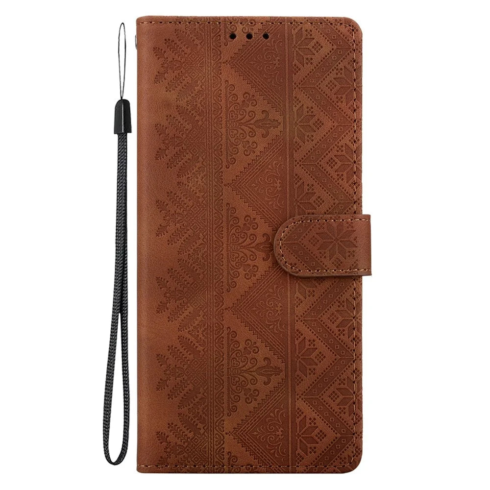For Samsung Galaxy S26 Ultra Wallet Case Imprinted Ethnic Pattern Leather Phone Cover with Wrist Strap - Brown - 7